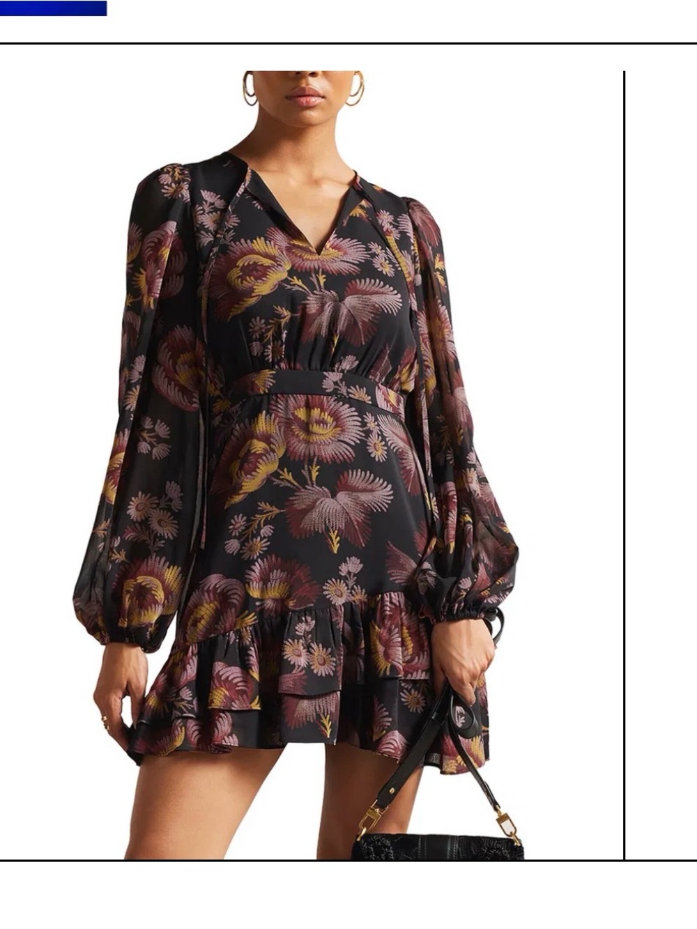Ted Baker London Black Floral V-Neck Ruffle Mini Dress